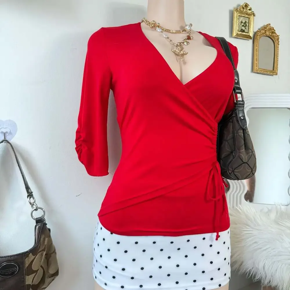 Y2K Byer California Red V-Neck 3/4 Sleeve Ruched Side top